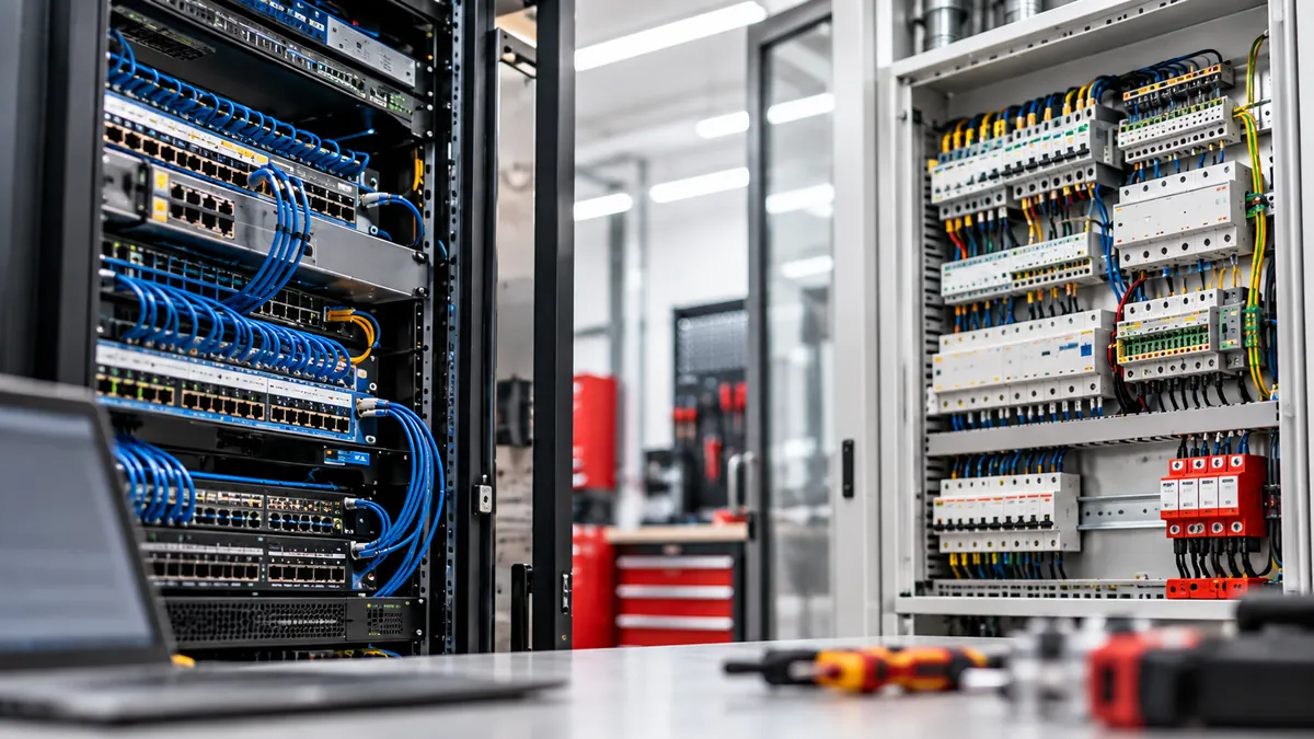 Netzwerkschrank und Elektroverteilung nebeneinander in einer Werkstatt