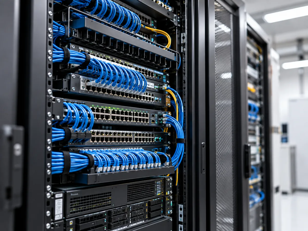 Netzwerkschrank mit Switches, Patchfeldern und sauber geführten Netzwerkkabeln