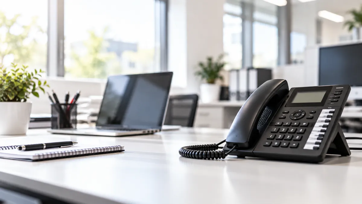 Arbeitsplatz mit Telefon, Notebook und Notizblock